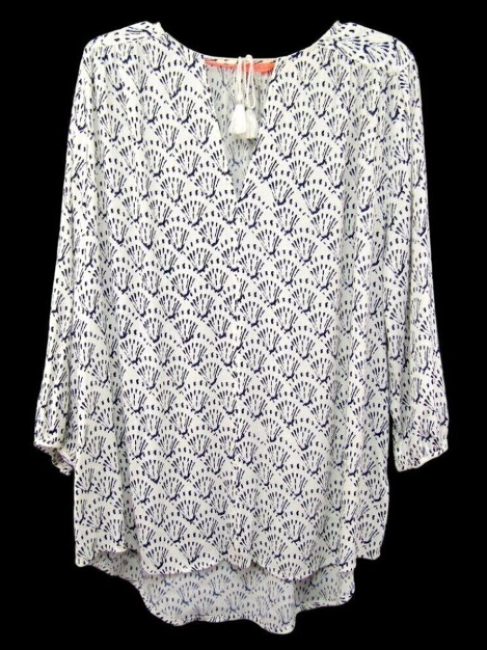 Joules Lilah White Navy Blue Fan Shell Print Tunic Top Size US 10 Tassel Tie